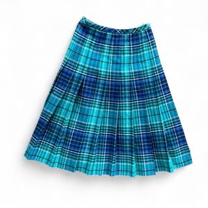 Vintage 90s Teal Blue Plaid Pleated Skirt – Wool Blend Academic Midi – Size 38